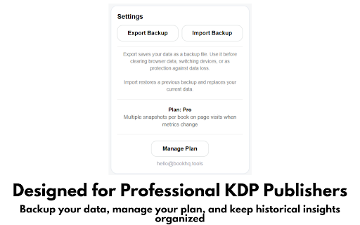 BookHQ Summary :: Instant book, sales, and royalty summaries for KDP publishers on Amazon book pages.