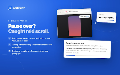 Redirect: Block Sites, Stay Focused, Digital Wellbeing :: Site blocker for focus and productivity. Redirect distracting websites like YouTube or Reddit to your goals. Mindful pauses.