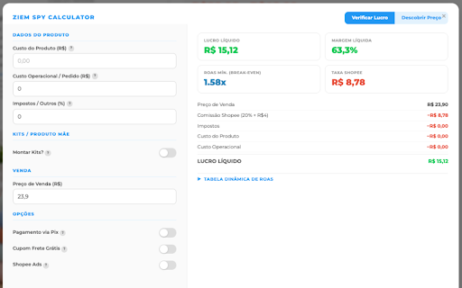 Ziem Spy :: Auditoria de dados da Shopee com KPIs financeiros em tempo real e Calculadora de Precificacao.