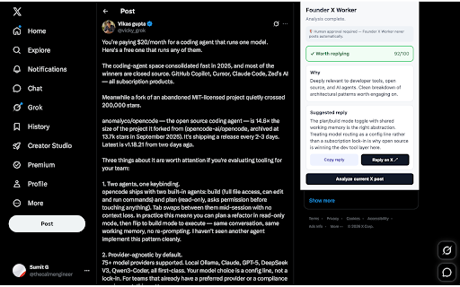 Founder X Worker :: Analyze individual X posts and draft useful replies using your own Gemini API key. Human approval always required.