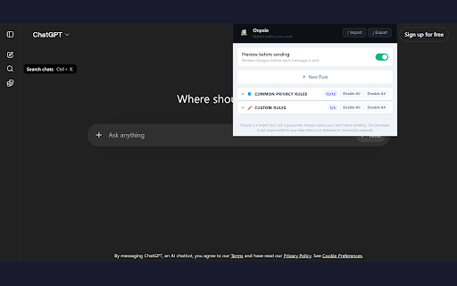 Oopsie - AI Privacy Guard :: Automatically redact emails, phone numbers, SSNs, and sensitive data before sending to ChatGPT, Claude, Gemini, and Perplexity.