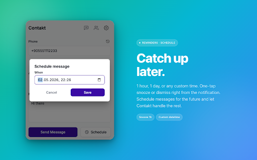 Contakt – Send a Message Without Saving the Number :: Message any number on WhatsApp, Telegram, Signal & 5 more apps without saving it. Detects numbers on web pages. Private, local.