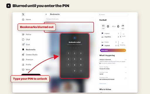 Private Twitter Bookmarks - Lock & Blur with PIN for X :: PIN-lock your X (Twitter) Bookmarks tab and blur saved tweets instantly. Keep them private on shared computers and laptops.