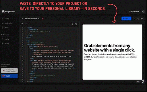 ScrapeStudio :: Turn Inspiration into Production-Ready Code in Seconds!, Extract HTML/CSS, build a personal component library. Try it now!