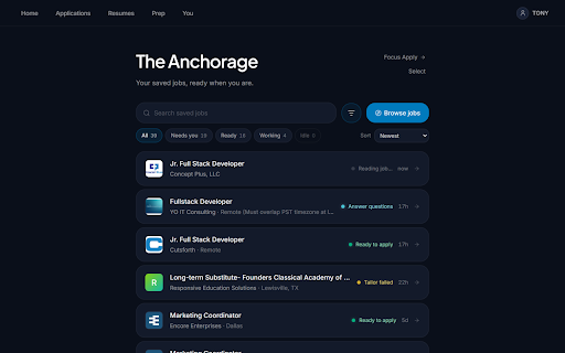 Anchor — Save jobs in one click :: Save jobs from LinkedIn, Indeed, Dice, and Google Jobs to Anchor with a single click. Built for neurodivergent job seekers.