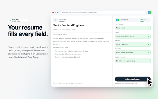 LikeRemote — Autofill Job Applications, Remote Jobs & Job Match :: Autofill job applications from your saved profile. Lever, Workable, Ashby, LinkedIn and more.