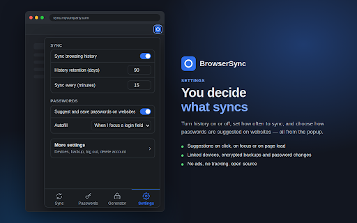 BrowserSync - Self-Hosted :: Sync bookmarks, history and passwords between your devices through your own server, end-to-end encrypted.