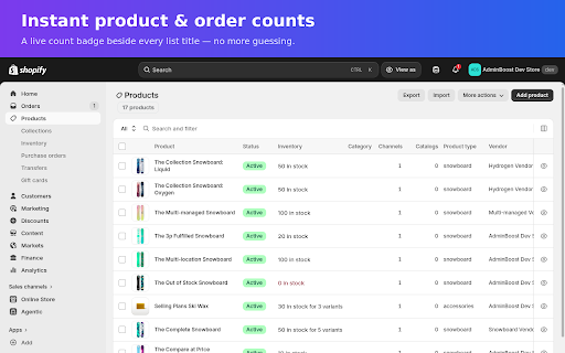 AdminBoost: Full-Width, Order Filters & Counts for Shopify :: Fix Shopify's admin: full-width layout, one-click order filters, and live order/product counts. 100% free.