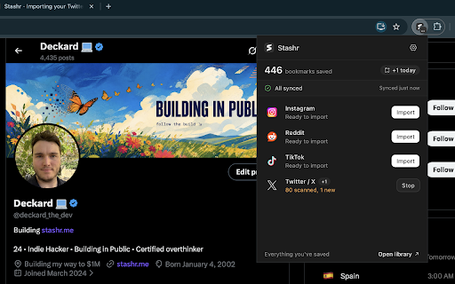Stashr: AI Bookmark Saver :: Every bookmark you save on X, Reddit, Instagram, and TikTok, captured automatically into one permanent, searchable library.