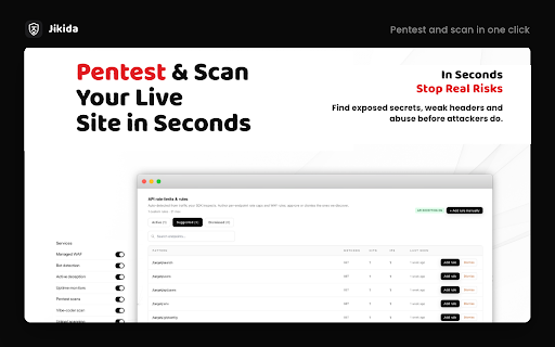 Security Scan, Malware & Firewall — Jikida :: Scan any site for exposed secrets, weak headers, malware and API risks — right in your browser.