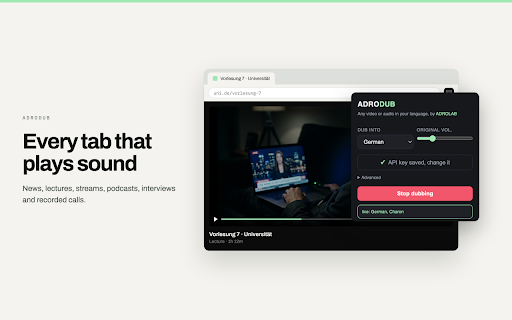 ADRODUB :: Any video or audio in your language. Real-time AI dubbing of anything playing in Chrome. By ADROLAB.