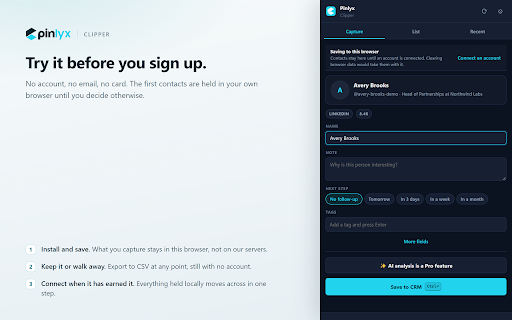 Pinlyx Clipper - Save leads to CRM :: Save any LinkedIn, X, Instagram or GitHub profile, or any web page, to your CRM in one click. Notes, tags and pipeline.