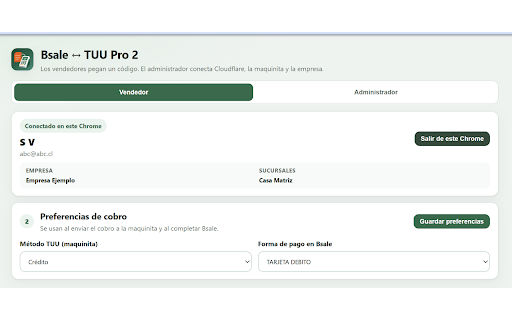 Bsale ↔ TUU Pro 2 :: Cobra en TUU Pro 2 desde Bsale. Código por sucursal; vendedores habilitados desde Admin.