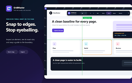 GridMaster with Pixel Ruler and Crop :: Measure any webpage with rulers, guides, custom grids, snapping, element inspection, and precise PNG crops.