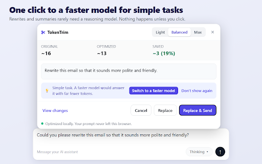 TokenTrim :: Compress your prompts before sending. Same answer, fewer tokens. Runs locally.