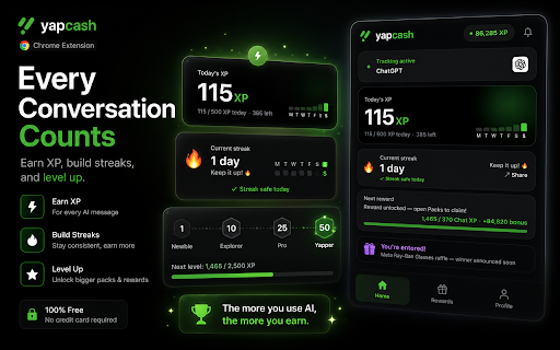 YapCash - Get Paid to Use ChatGPT & Claude :: Earn XP and redeem gift cards by chatting with AI. Tracks message activity on ChatGPT, Claude, Gemini, and Perplexity.