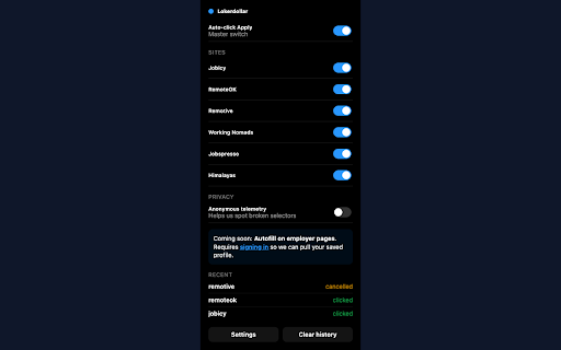 Lokerdollar — One-click Apply :: Auto-clicks Apply on job aggregator pages to reach employers in one click. Anonymous by default; sign in for sync and autofill.