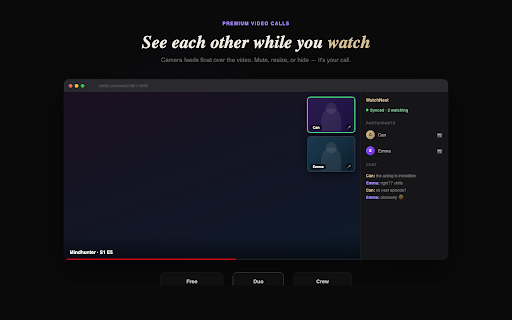 WatchNest :: Watch Netflix, Disney+ & Prime together. Synced playback, live chat, camera calls & AI features. Free watch party for up to 4.