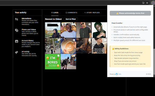 Insta Bulk Unlike :: Efficiently manage Instagram liked posts with smart batch processing, safety features, and customizable speed controls.