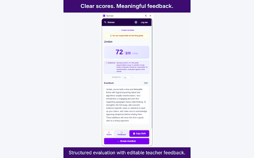 Scorae — Essay Grader for Google Docs, Canvas & Moodle :: Grade essays in Google Docs, Canvas, Blackboard and Moodle. You decide every grade. Student work is never stored. 15 free monthly.