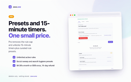 Scheduled History Cleaner :: Delete history on a schedule: rules match domains, URLs, or terms and clean on a timer, daily, or at next launch. Nothing stored.