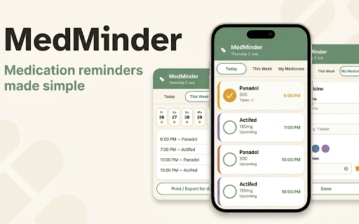 MedMinder — Medication Reminder & Tracker :: A simple, large-print medication reminder and tracker. Add your medicines, get gentle reminders, and mark them taken with one tap.