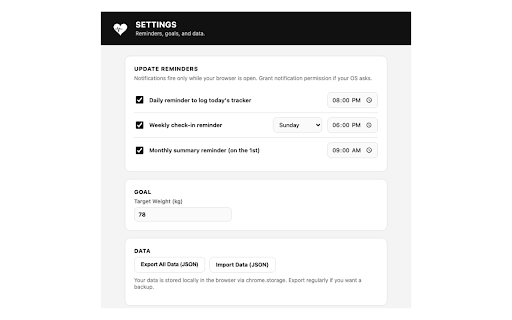 Health Tracker :: Daily habit tracker with weekly/monthly scoring, a weight progress chart, and update reminders.