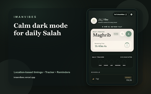 ImanVibes Salah : Prayer Times, Countdown, Reminder & Tracker :: Track daily prayers, view accurate timings, and get Salah reminders while you browse.