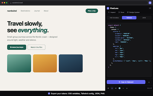 PixelLens :: Turn any web page into clean Markdown for AI, and extract its full design system: colors, type, spacing, tokens. Local, no API key.