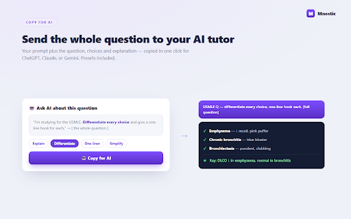Mnestic :: Link your question bank to your AnKing cards: resource overlays on every question, one-click cards, weak areas, and a tracker.