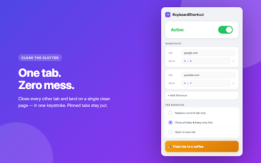 KeyboardShortcut :: Set keyboard shortcuts that instantly redirect your tabs to any website you choose.