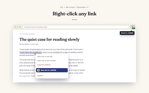 LinkWell :: Save the current tab to your LinkWell vault in one click.