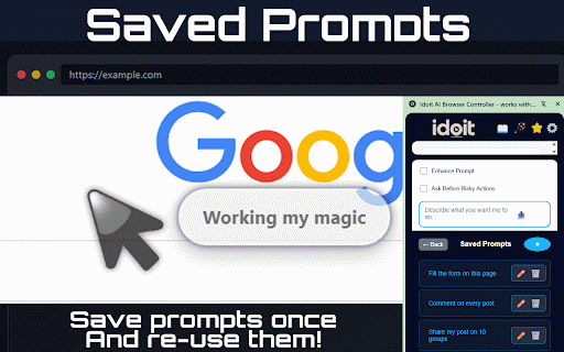 Idoit AI Browser Agent - works with Chrome :: AI-powered browser automation for Chrome. Automate tasks, fill forms, control websites with voice and intelligent web navigation.