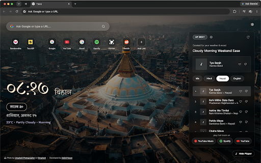 Thimi — Themes, Weather, Music & Calendar :: Themes, live weather, mood music, HD wallpapers, Nepali calendar, and useful widgets in every new tab.