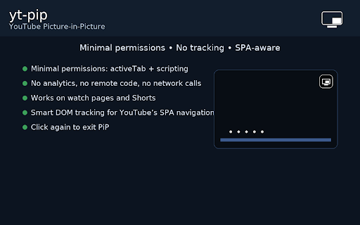 PiP for YouTube™ — Floating Mini Player :: One-click Picture-in-Picture for YouTube & Shorts. Toggle from the toolbar or in-player button. Private, fast, no bloat.