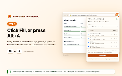 TTD Govinda Autofill (Free) :: Save pilgrim details once and fill TTD darshan and seva booking forms in one click. Free, unofficial, local-only, never submits.