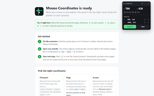 Mouse Coordinates :: See, save and copy mouse X/Y coordinates on any web page. Viewport, page or true screen pixels for macros and auto-clickers.