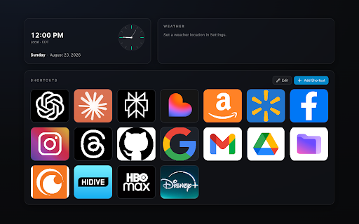 Startboard - Lumetis :: A personal new tab replacement with a customizable shortcut grid, clock, date, and weather widgets.