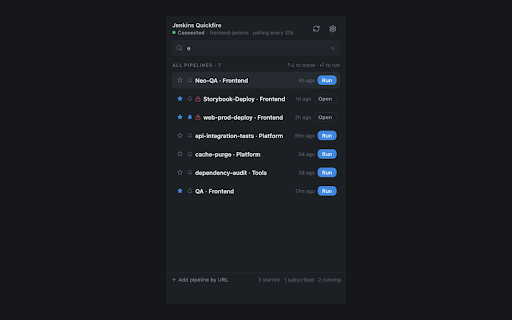 Jenkins Quickfire :: Trigger Jenkins pipelines with saved parameters and watch their status.