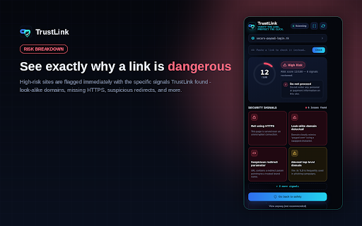 TrustLink :: Verify the link. Protect the click. A passive, privacy-first risk assistant that scores any site 0-100 and explains exactly why.