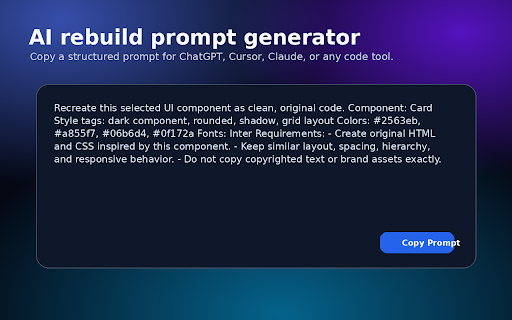 CodeSnap - HTML CSS UI Extractor :: Extract selected UI sections into clean HTML outlines, CSS tokens, style summaries, and AI rebuild prompts.