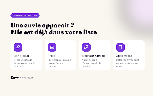 Envy :: Sauvegardez des produits dans vos listes de souhaits Envy depuis n'importe quel site.
