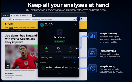 Fact Checkr :: Real-time fact-checking for articles and YouTube: credibility scores, claims and sources while you browse.