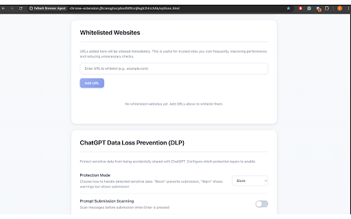 FalkeAI Browser Agent :: Block phishing sites in real time via Deephish. Optional on-device LLM DLP & download protection. Caching & warnings.