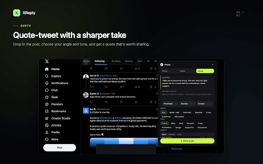 XReply :: AI for X: write replies, remixes, and quote-tweets in seconds. Drafts, your choice of tone — you always review and send.