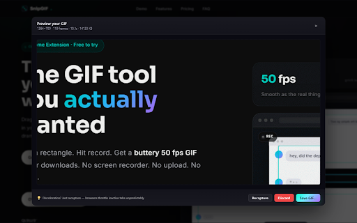 SnipGIF :: Snip a region of the current tab and record it as an animated GIF. Drag a rectangle, hit Record, then Stop.