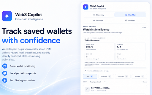 Web3 Copilot – AI Crypto Wallet Analyzer :: Analyze crypto wallets with AI. Review balances, assets, transaction activity and risk signals directly in Chrome.