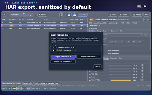 Network+ for DevTools :: Network analysis with sanitized HAR, retention limits, integrated search, accessible UI, and keyboard controls.