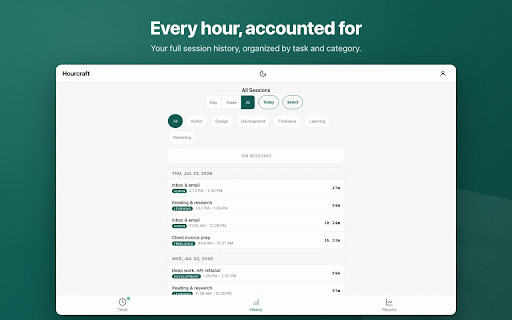 Hourcraft — Time Tracker, Pomodoro® & Reports :: Free time tracker in Chrome's side panel — one-tap timers, live badge, weekly reports & Pomodoro. Syncs with hourcraft.app.