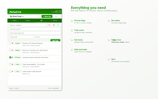 PinTaskTick :: Task manager: multiple lists, priorities, tags, sub-tasks, sticky note, Today view & real-time sync.